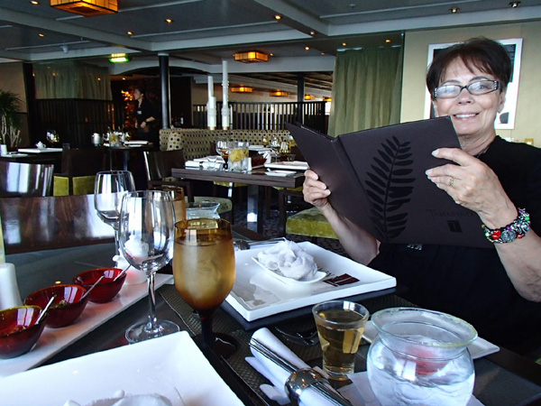 Mom at the Tamarind Oriental restaurant, a specialty restaurant aboard the Eurodam